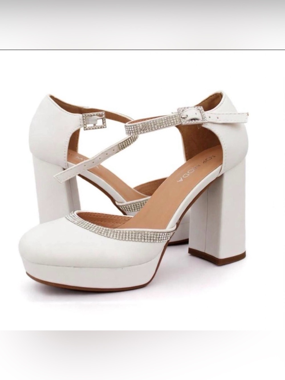 White Rhinestone Ankle Strap Heels